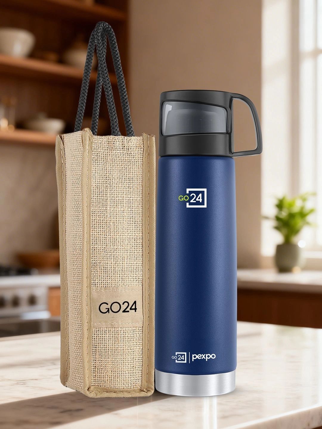 Pexpo Fererro Denim Blue ISI Certified Thermosteel Hot Flask Water Bottle & Bag 500 ml