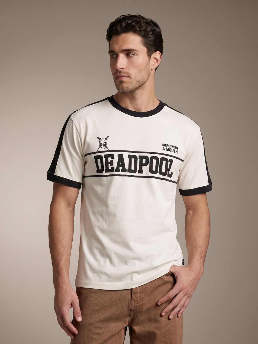 glitchez Men Deadpool Marvel Printed Relaxed Fit Drop-Shoulder Sleeves T-shirt