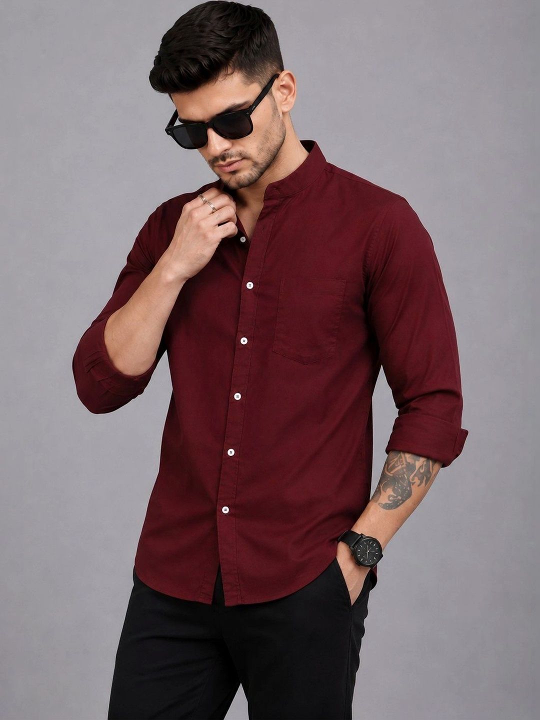 Roadster Men Maroon Solid Regular Fit Mandarin Collar Casual Shirt