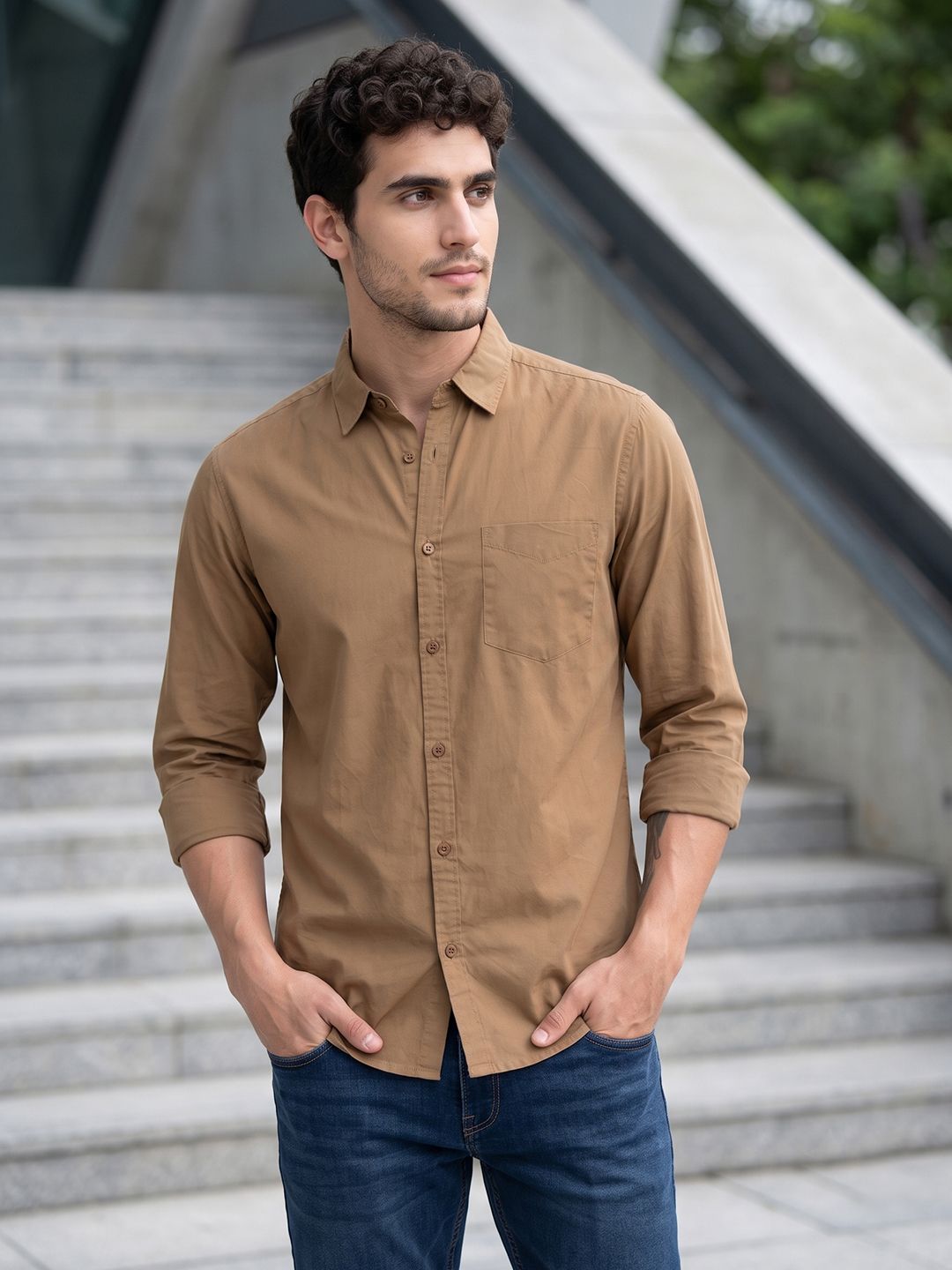 HERE&NOW Men Regular Fit Peach Premium Cotton Casual Shirt