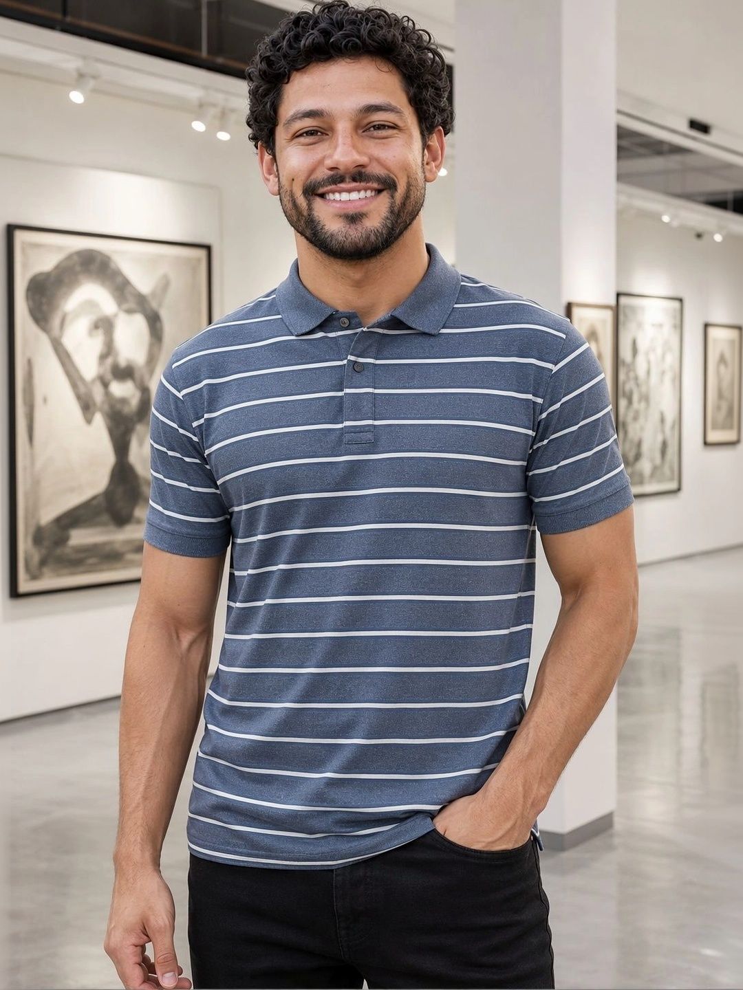Y.O.U Men Striped Polo Collar T-shirt