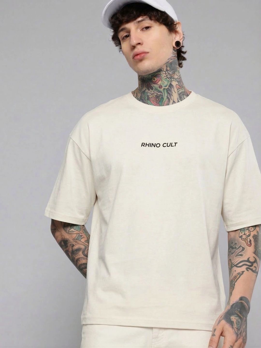 HERE&NOW Men Typography Printed Drop-Shoulder Sleeves T-shirt
