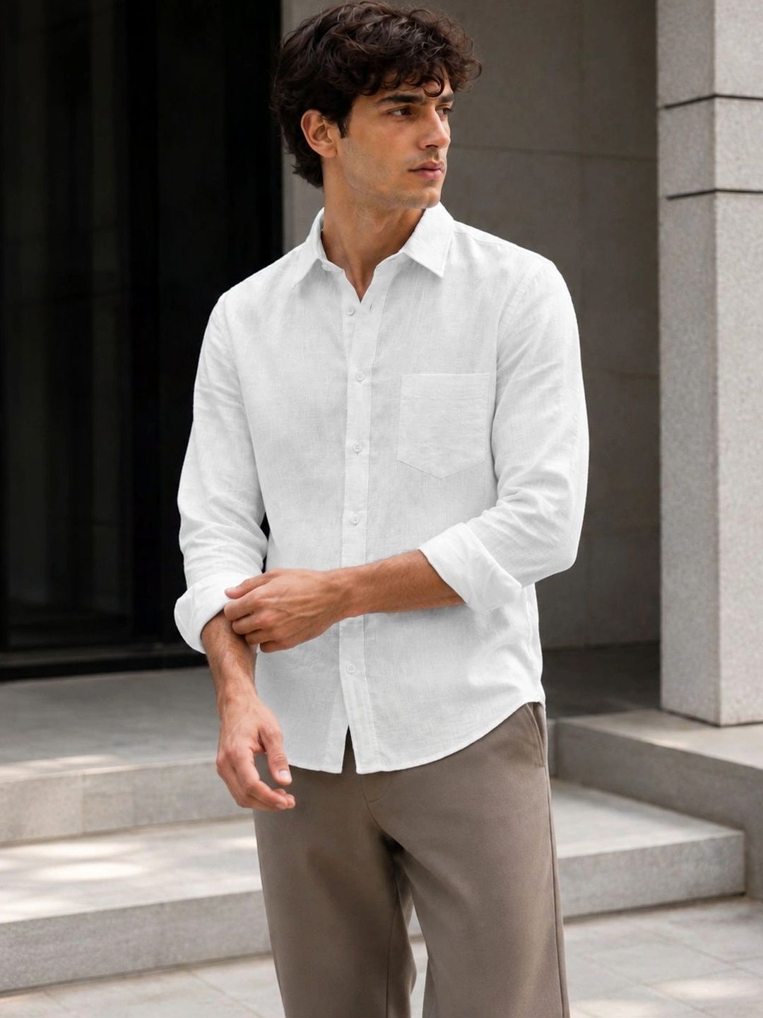 FRANKSHIRT Men's White Textured Linen Shirt Full Sleeve Casual Regular Fit Shirt