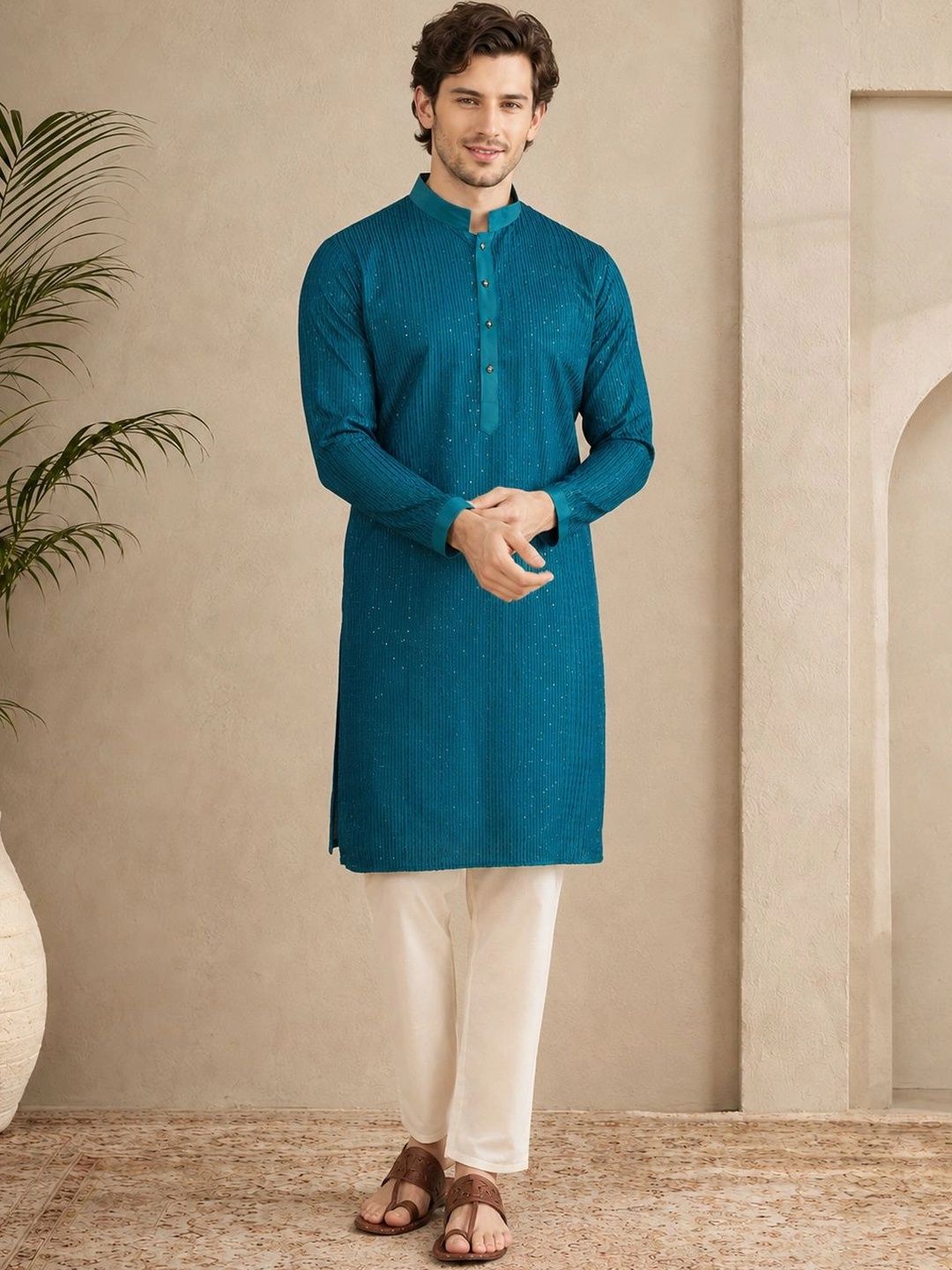 HERE&NOW Men Embroidered Sequinned Liva Kurta
