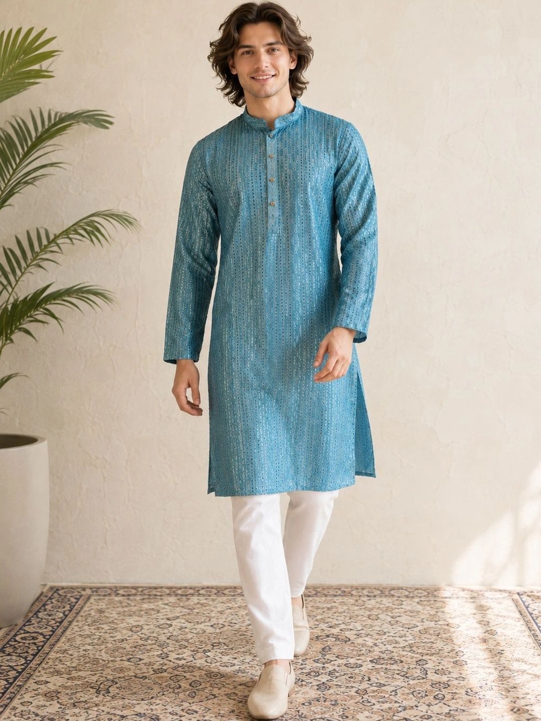 House of Pataudi Men Embroidered Sequinned Kurta