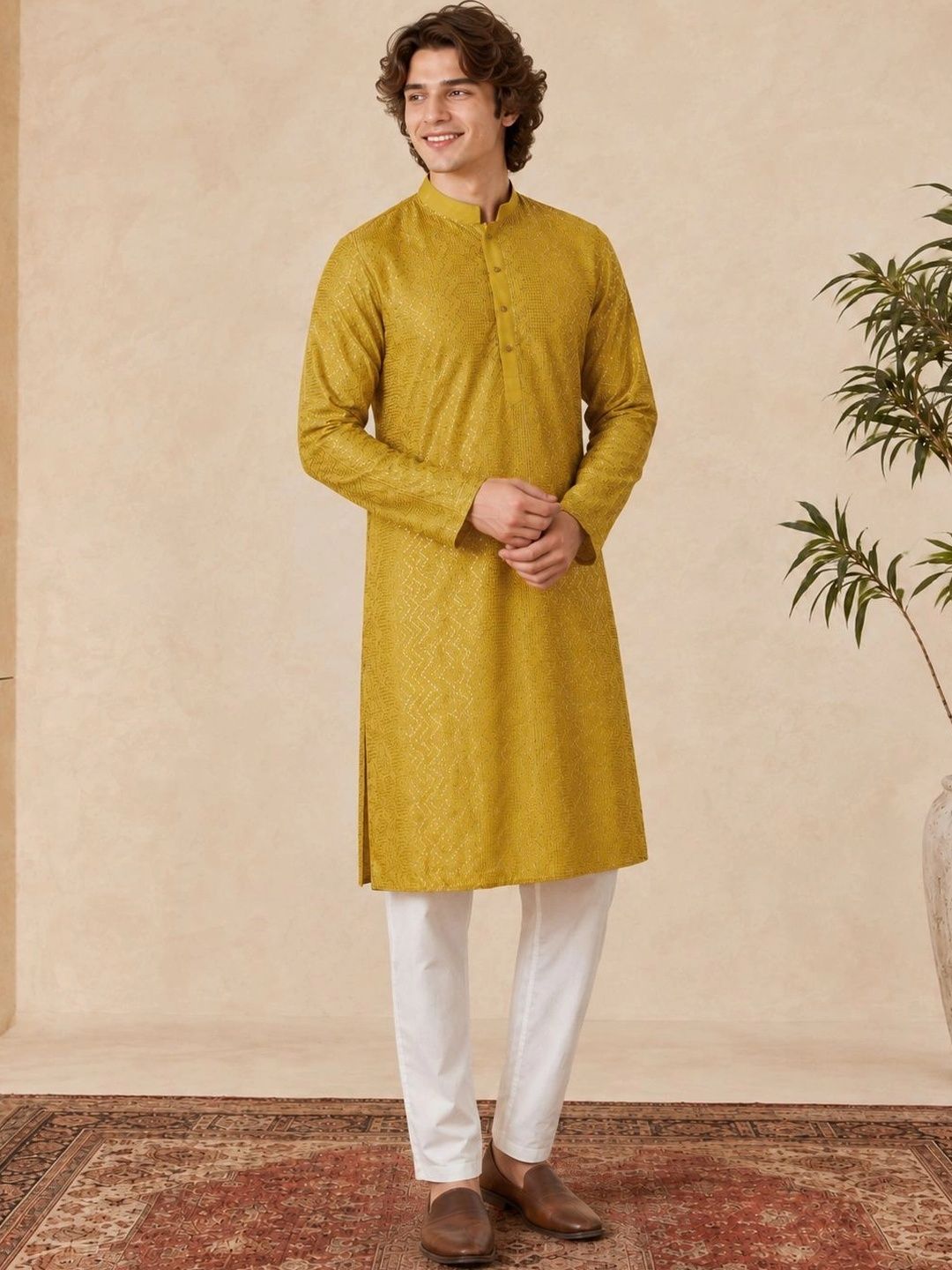 HERE&NOW Men Chevron Embellished Sequinned Liva Kurta