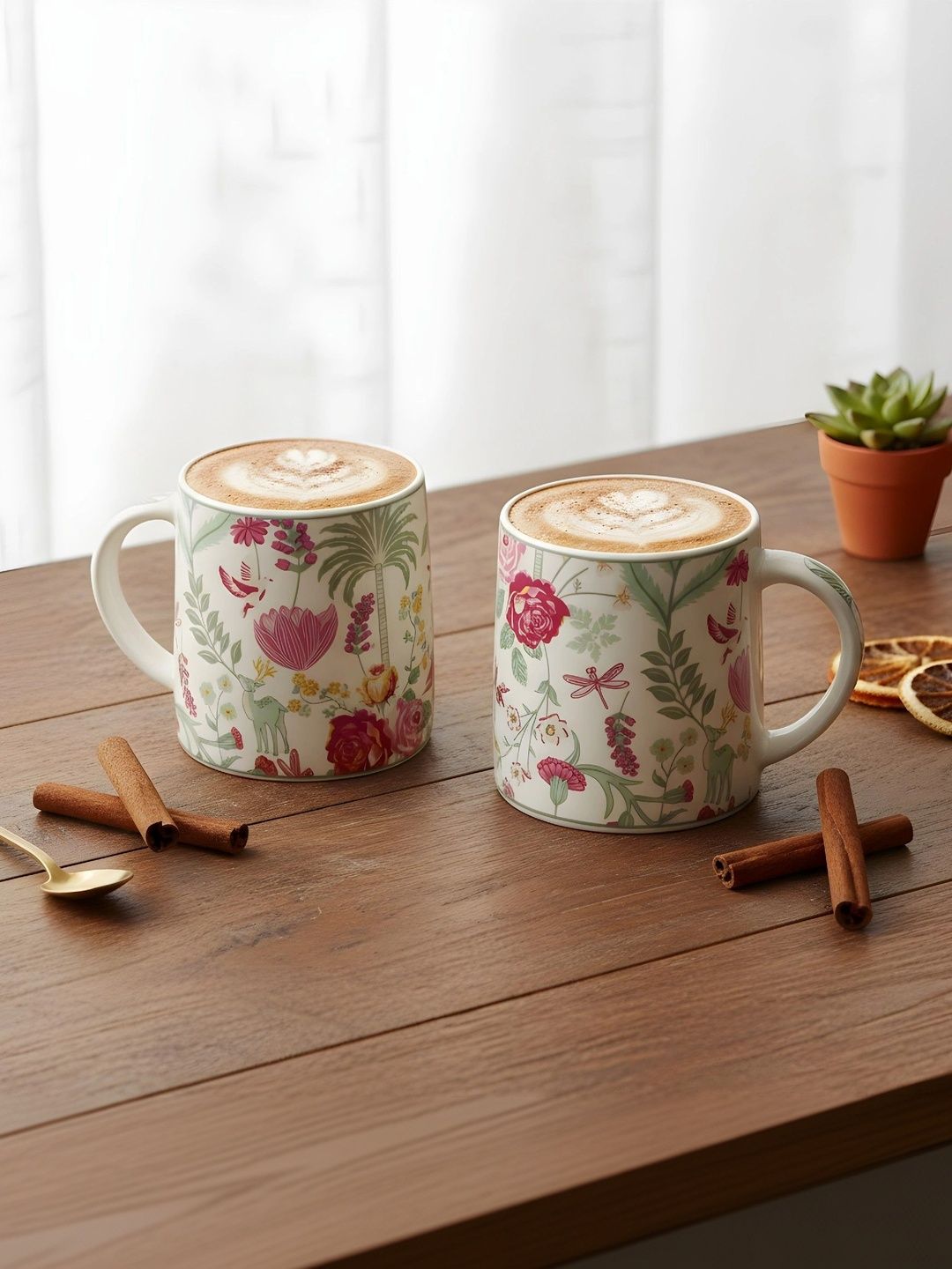 MIAH Decor Multicoloured & Pink Floral Printed Ceramic Matte Mugs Set of Cups and Mugs