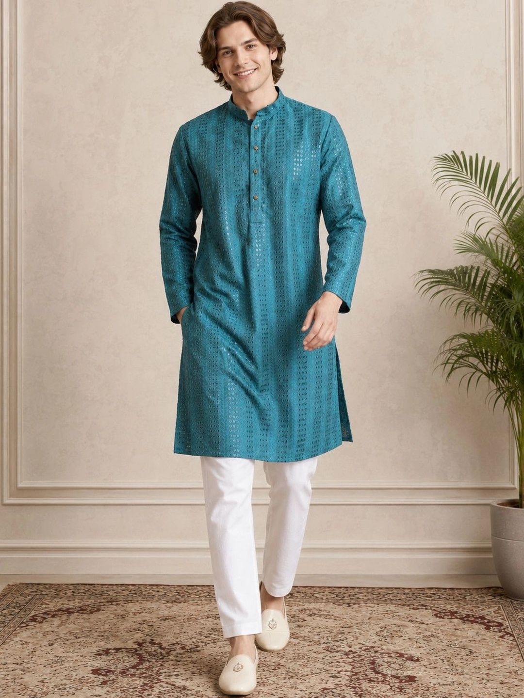 House of Pataudi Men Embroidered Sequinned Kurta
