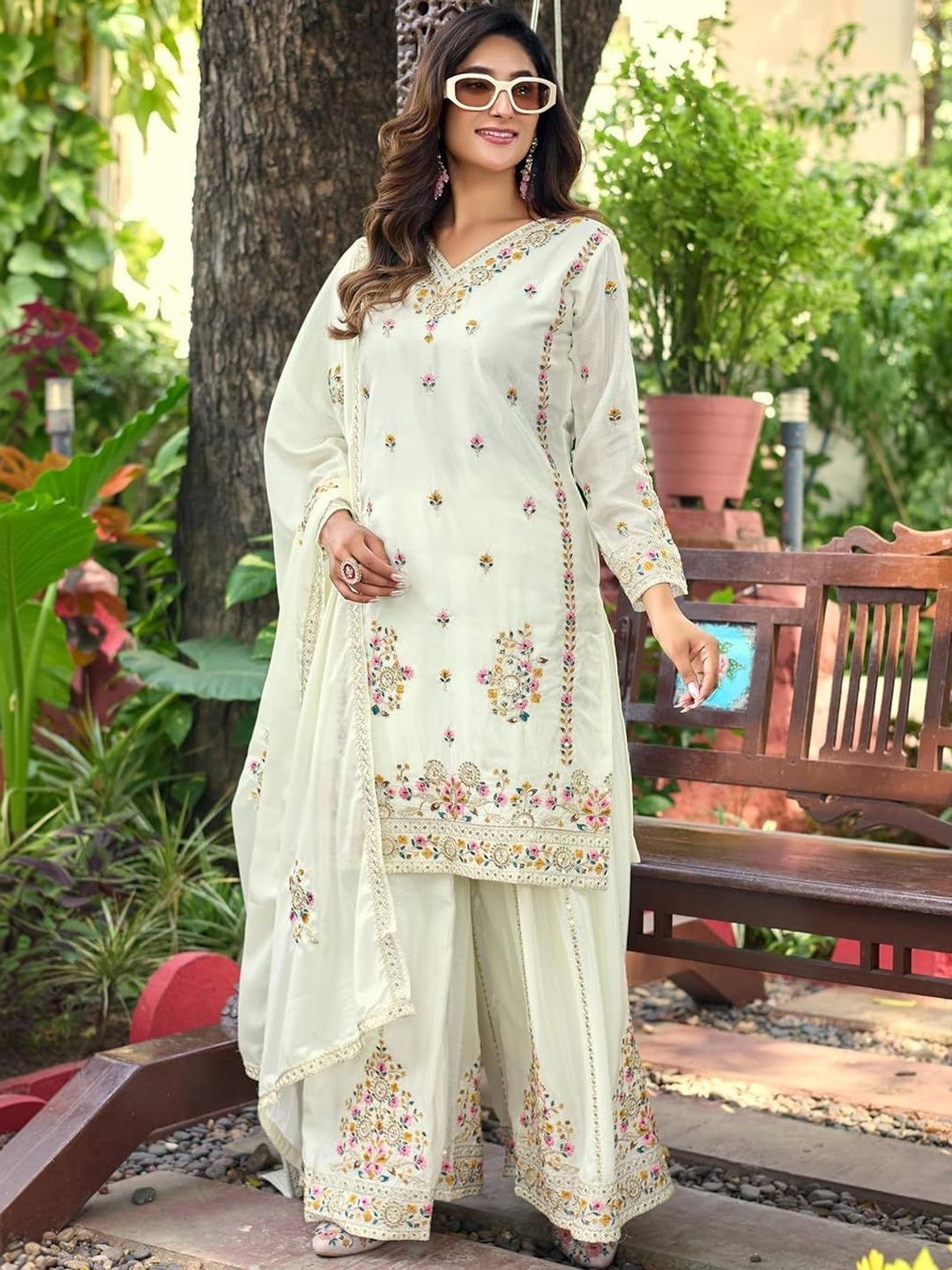 ANVERI TEXTILES Women Floral Embroidered Regular Thread Work Pure Silk Kurta with Sharara & With Dupatta