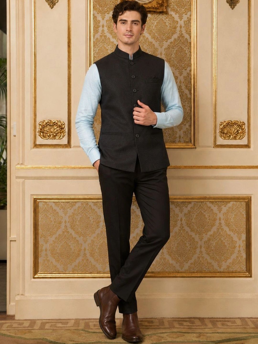 Anouk Men Cotton Linen Woven Nehru Jackets