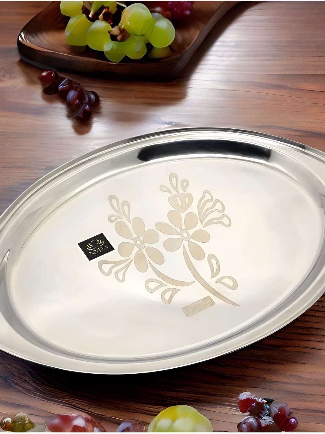 Nyra Kitchenware Steel & Gold Toned Printed Stainless Steel Dishwasher Safe Serving Tray