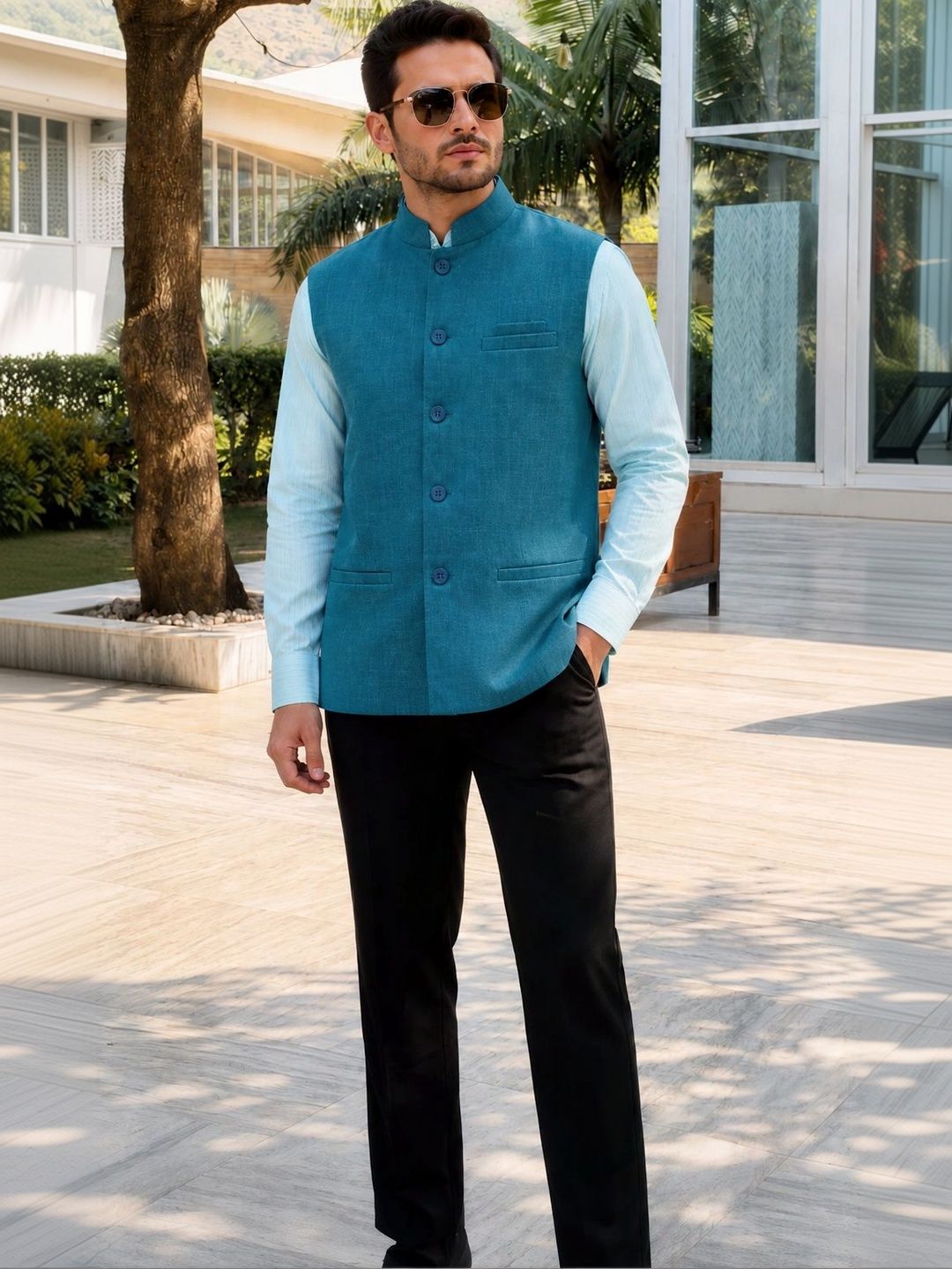 Anouk Men Woven-Design Mandarin-Collar Nehru Jacket