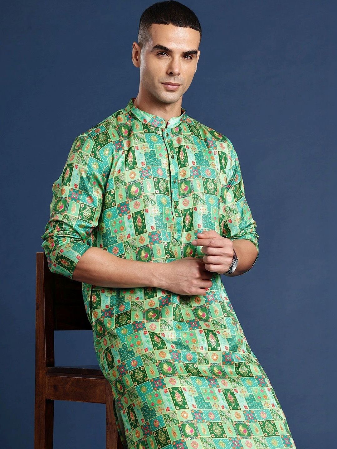 PulseIQ Men Geometric Printed Mandarin Collar Kurta