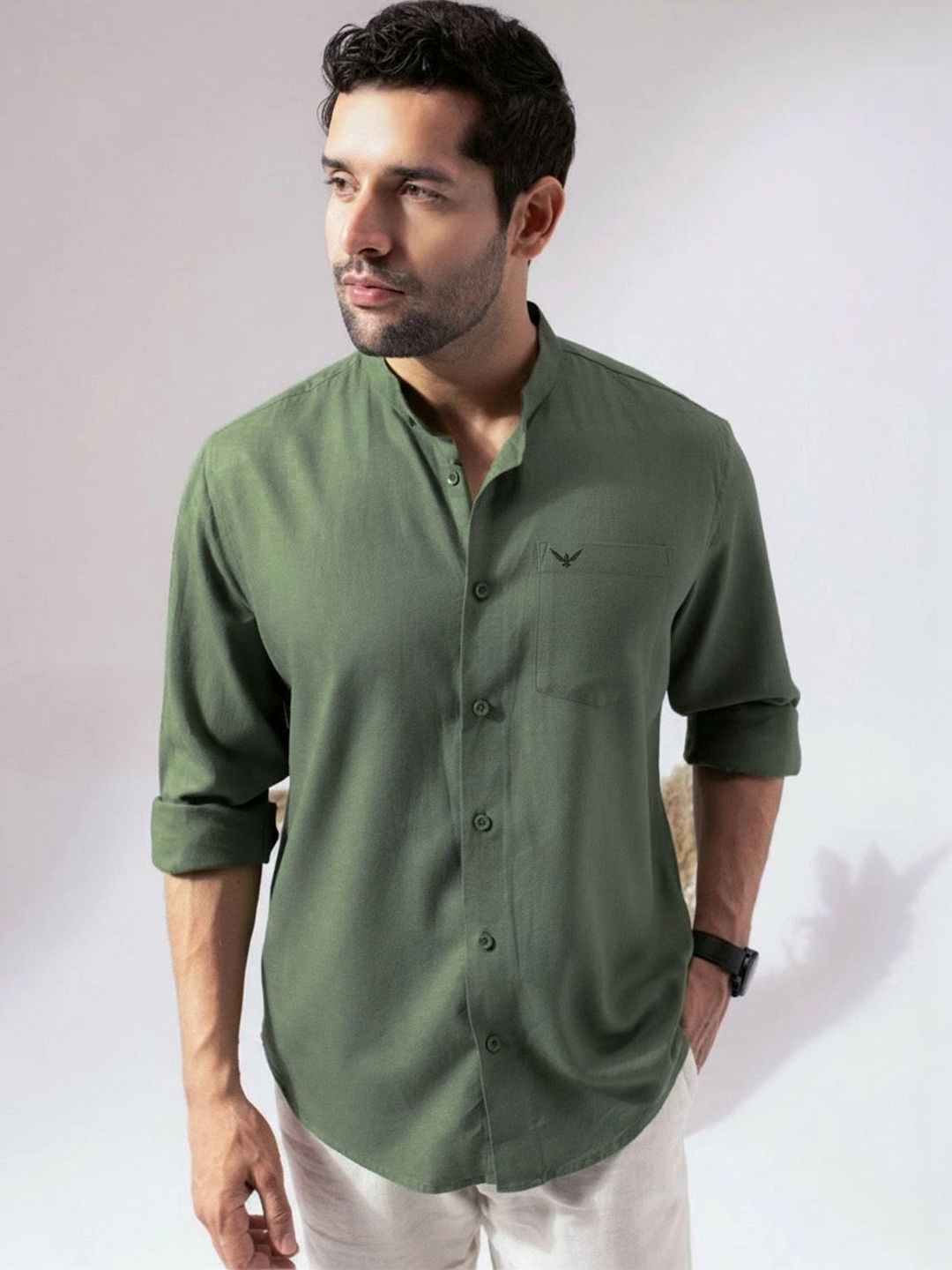 Perch Men Moss Green Linen Cotton Band Collar Shirt