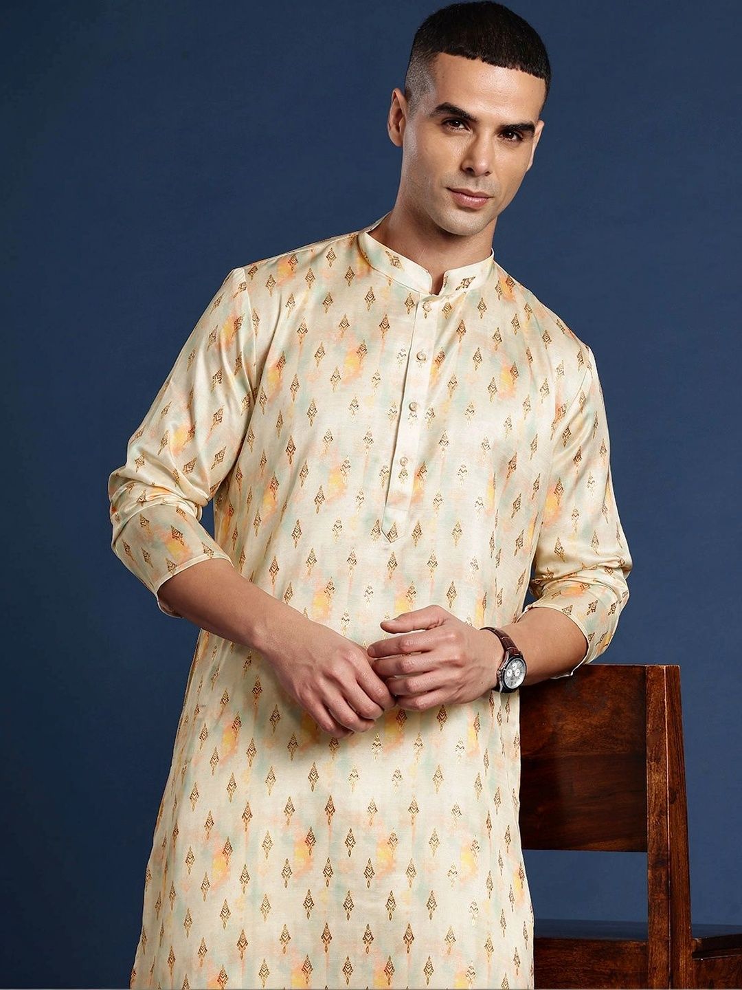 PulseIQ Men Geometric Printed Floral Kurta