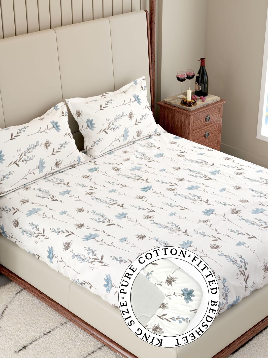 Pure Decor Pure Decor Blue Floral 180TC Cotton Elastic Fitted King Double Bedsheet & 2 Pillow Covers
