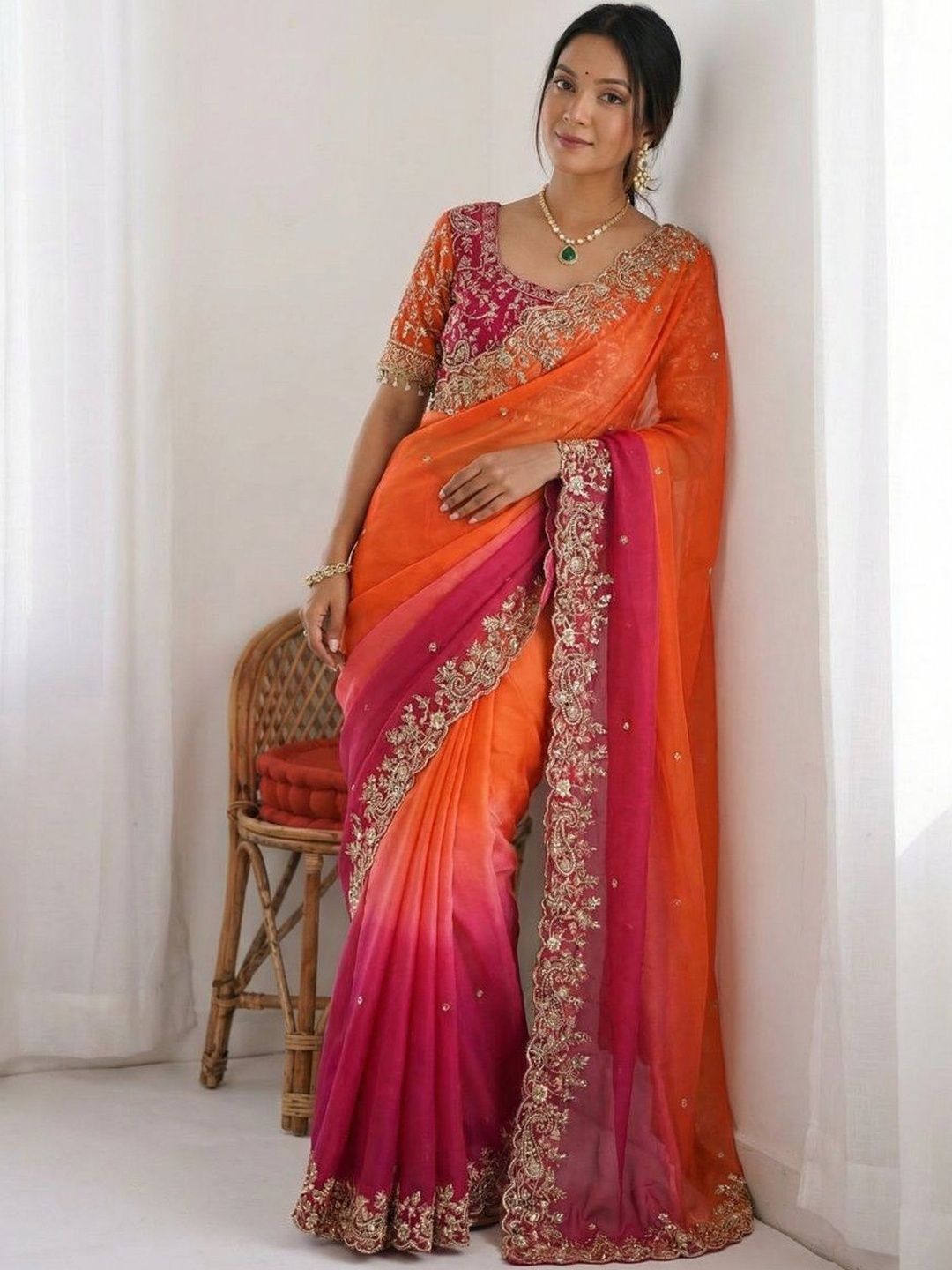 Kalista Kalista Ombre Embroidered Tissue Heavy Work Saree With Unstitched Blouse Piece