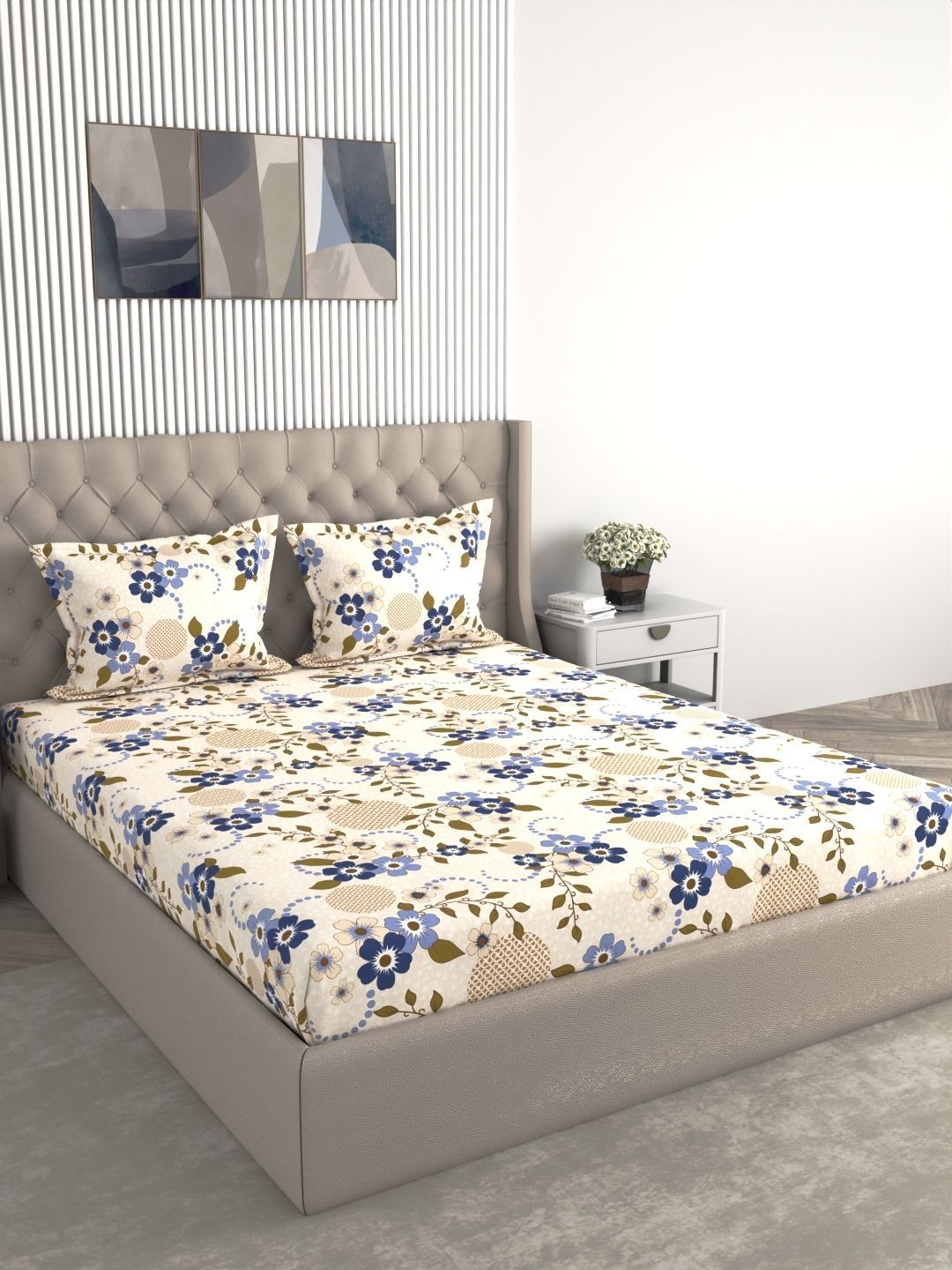 Raymond Home Raymond Home Cream-Coloured Floral 104 TC King Bedsheet with 2 Pillow Covers