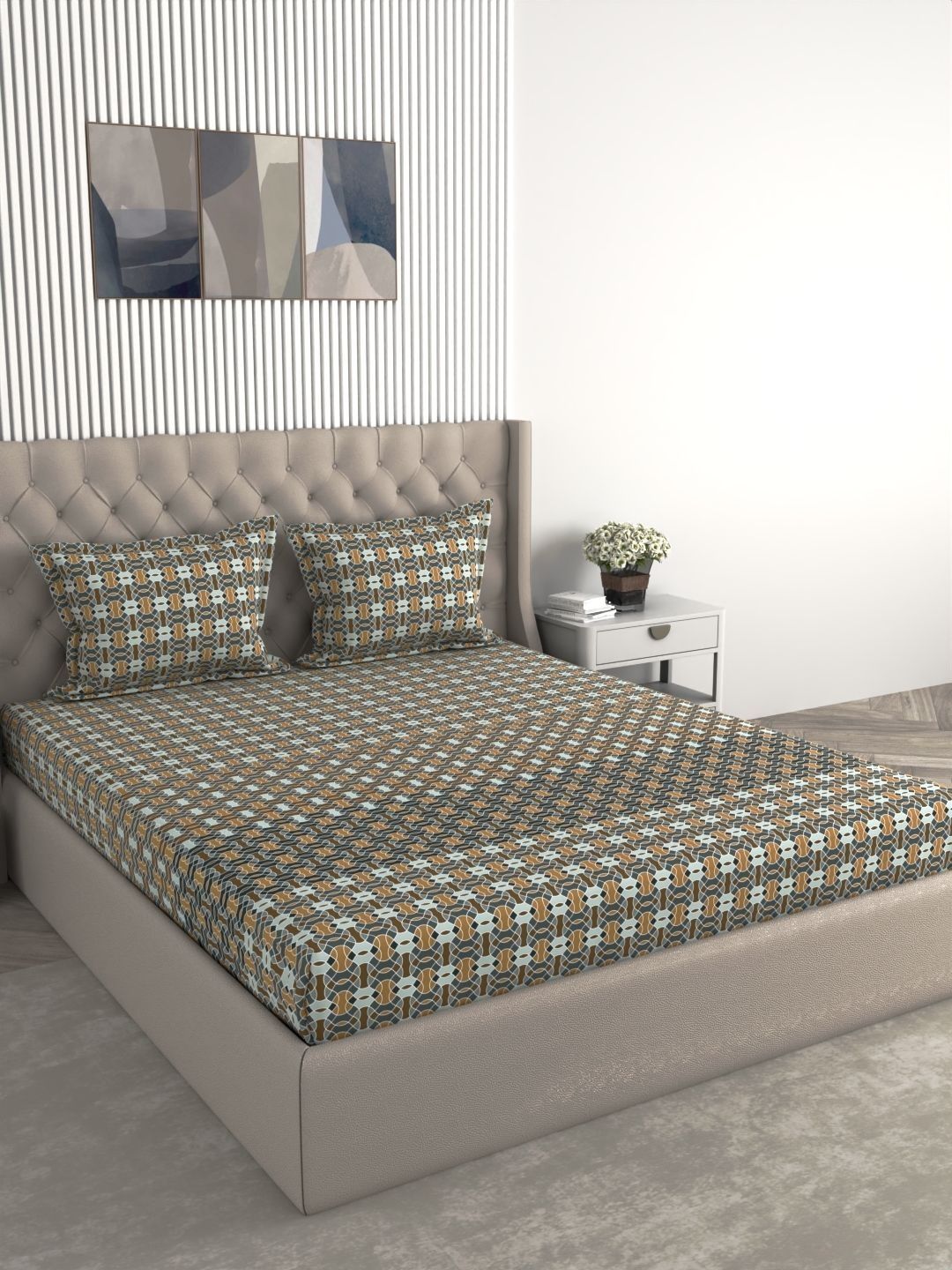 Raymond Home Raymond Home Multicoloured & Grey Geometric 140 TC King Bedsheet with 2 Pillow Covers
