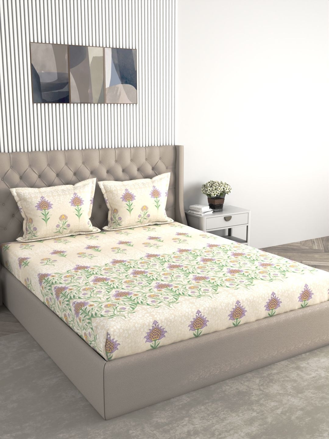 Raymond Home Raymond Home Cream-Coloured & Lavender Floral 210 TC King Bedsheet with 2 Pillow Covers