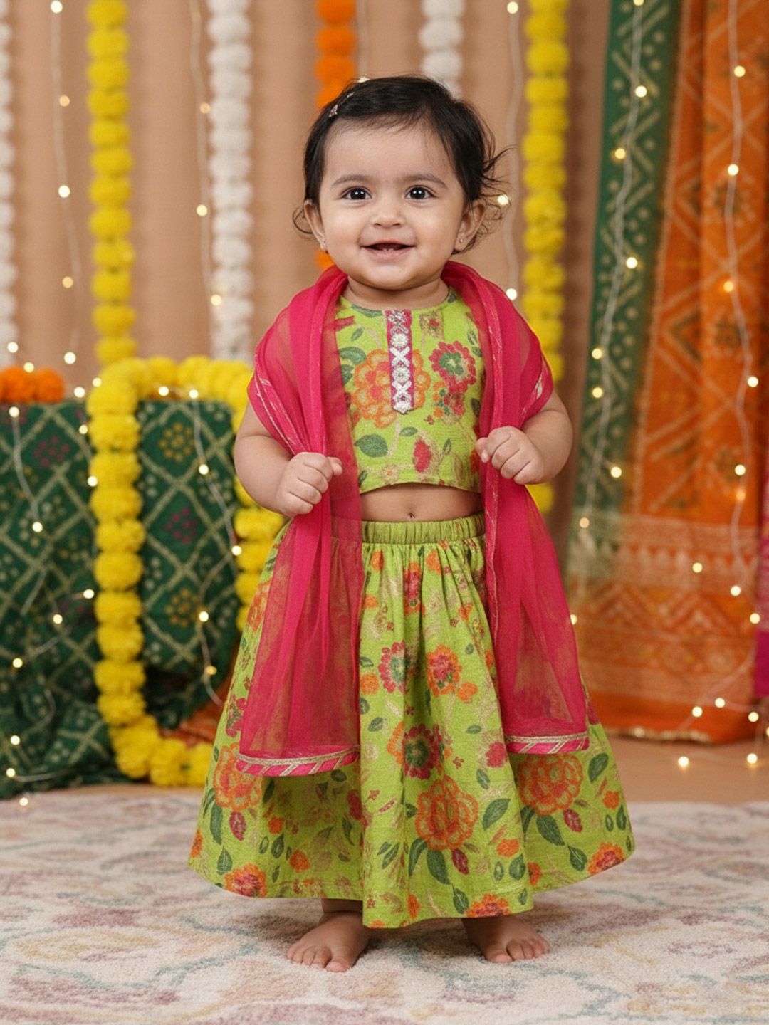 Sangria <p>Blouse Fabric : Cotton<br>Lehenga Fabric: Cotton <br>Dupatta ; Net <br> Machine wash <