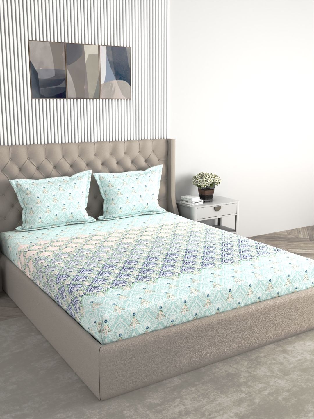 Raymond Home Raymond Home Green & Sea Green Ethnic Motifs 140 TC Bedsheet with 2 Pillow Covers
