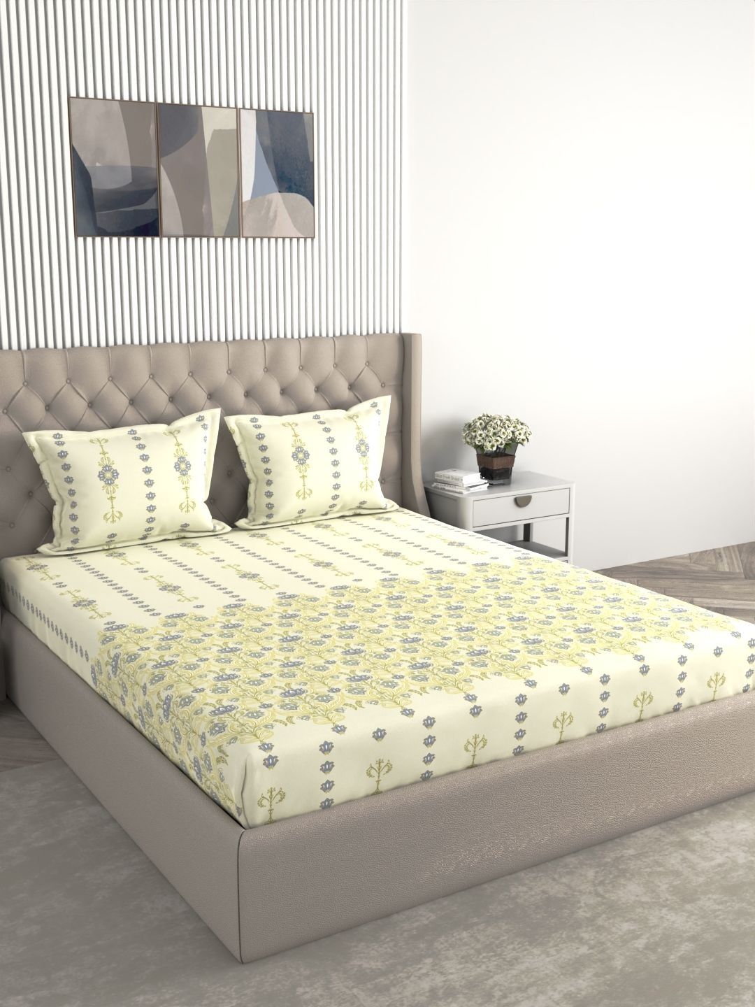 Raymond Home Raymond Home Cream-Coloured & Blue Floral 210 TC King Bedsheet with 2 Pillow Covers
