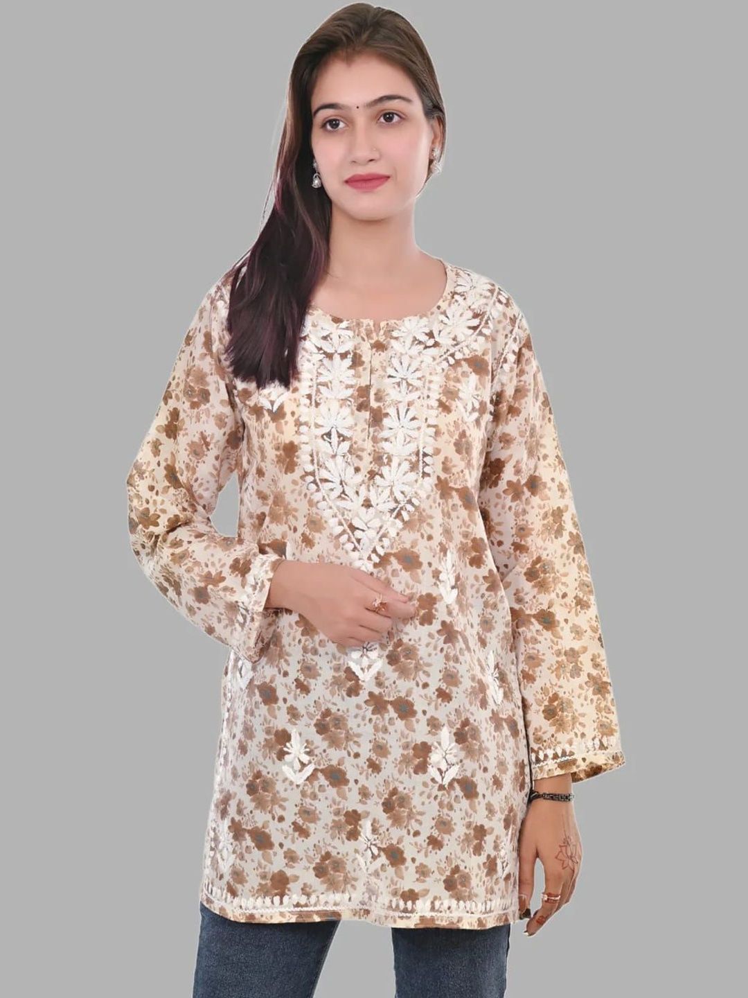 SA CHIKAN ARTS Floral Printed Chikankari Pure Cotton Blend Chikankari Kurti