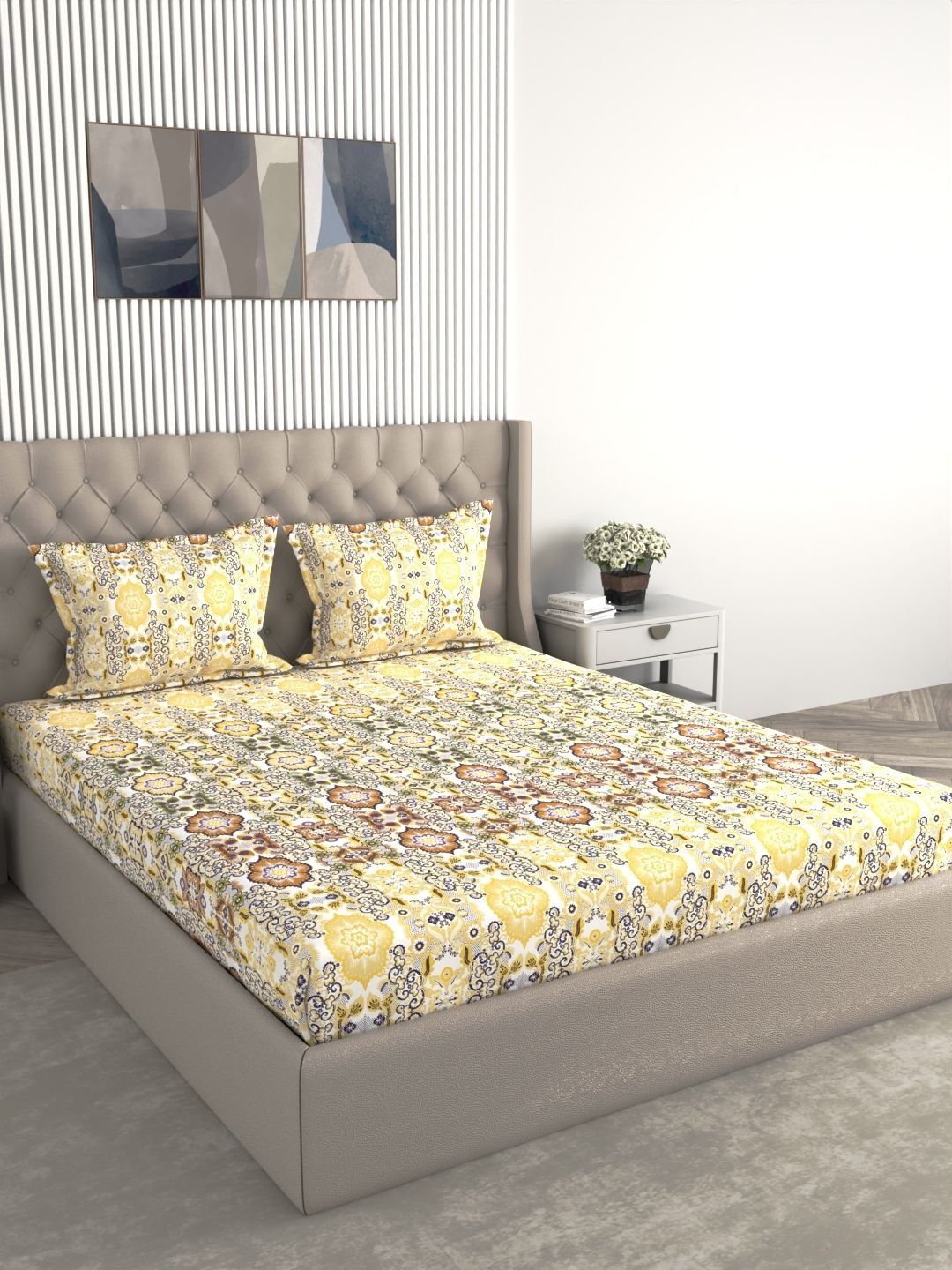 Raymond Home Raymond Home White & Brown Floral 140 TC King Bedsheet with 2 Pillow Covers