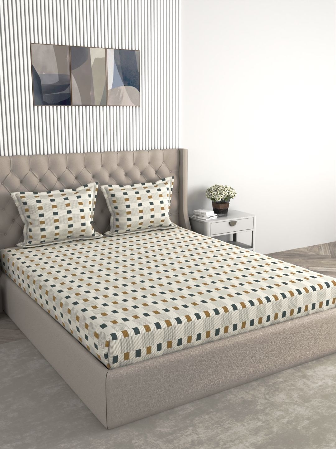 Raymond Home Raymond Home White & Off White Geometric 104 TC Queen Bedsheet with 2 Pillow Covers
