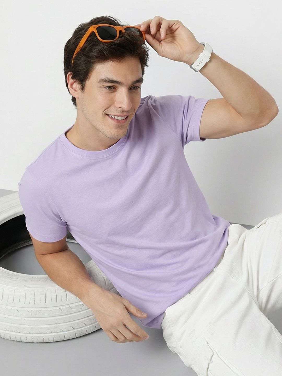 Mast & Harbour Mast  Harbour Men Lavender Pure Cotton Solid Round Neck Pure Cotton T-shirt