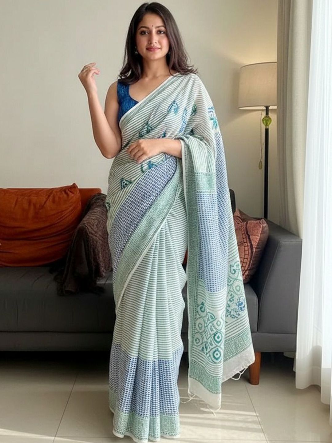 HERE&NOW Ethnic Motifs Pure Linen Handloom Saree