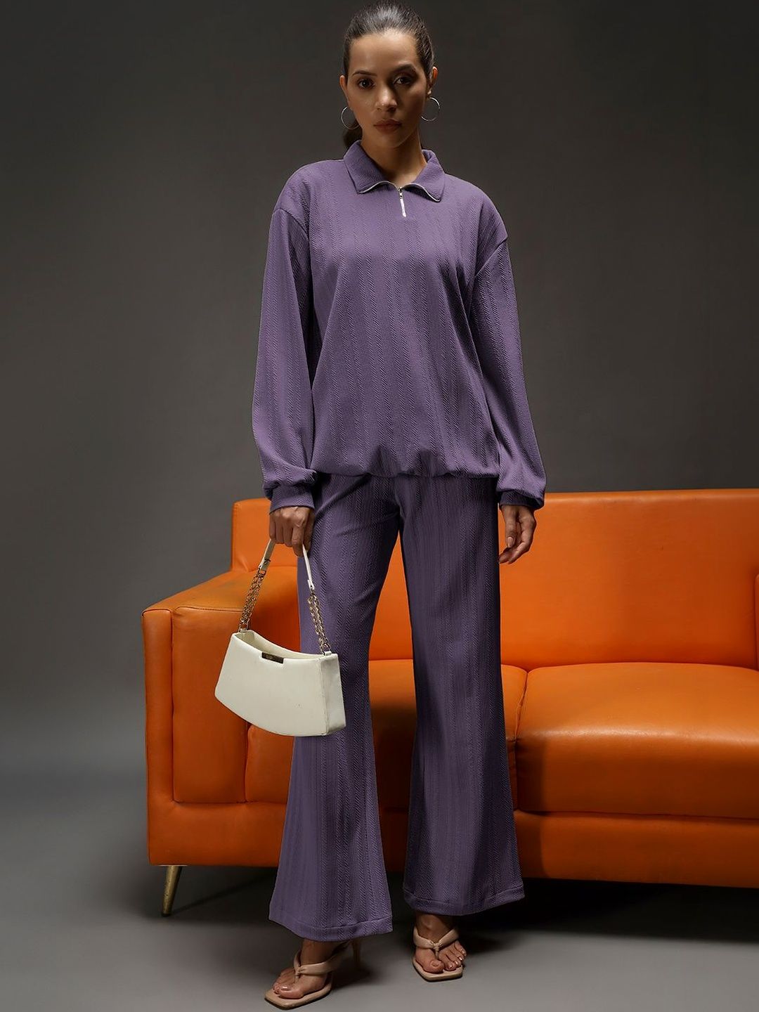 GENZILOOKS Purple Polo Collar Sweatshirt with Trousers
