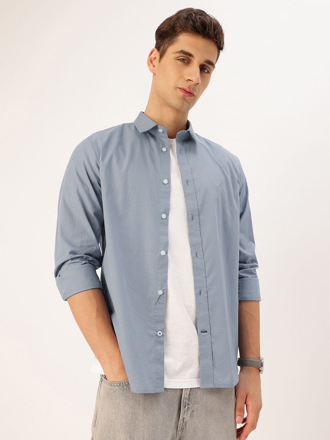 Nautica Pure Cotton Self-Design Slim Fit Casual Shirt