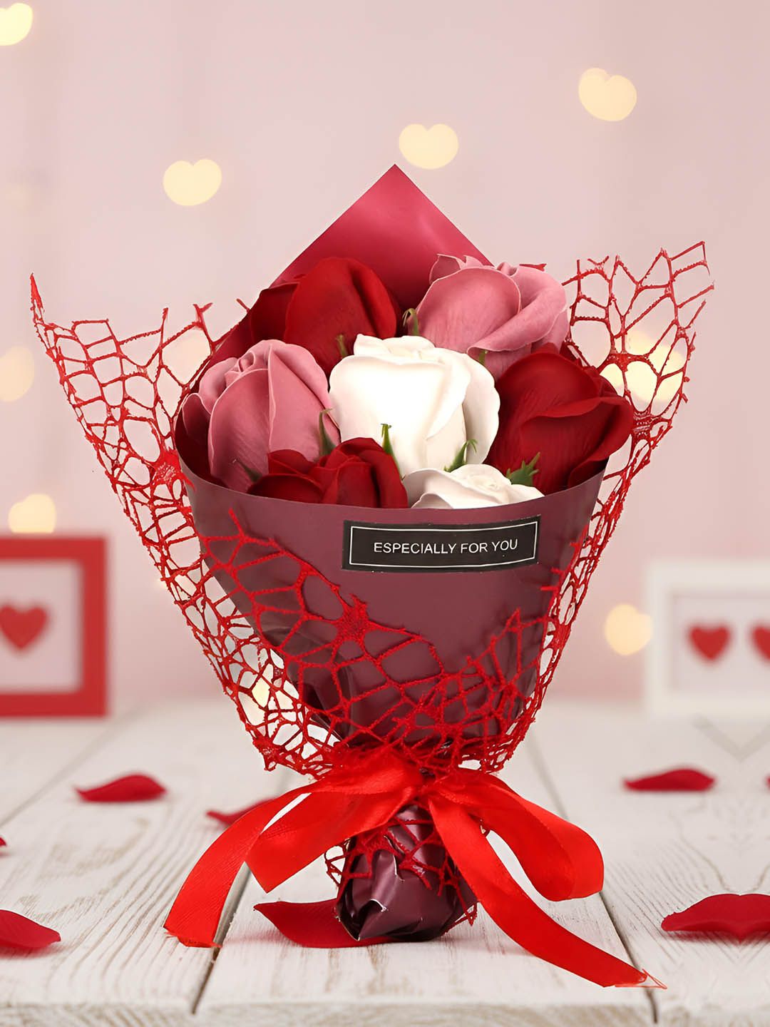 TIED RIBBONS Valentines Day Red & Pink Artificial Rose Flower Bouquet