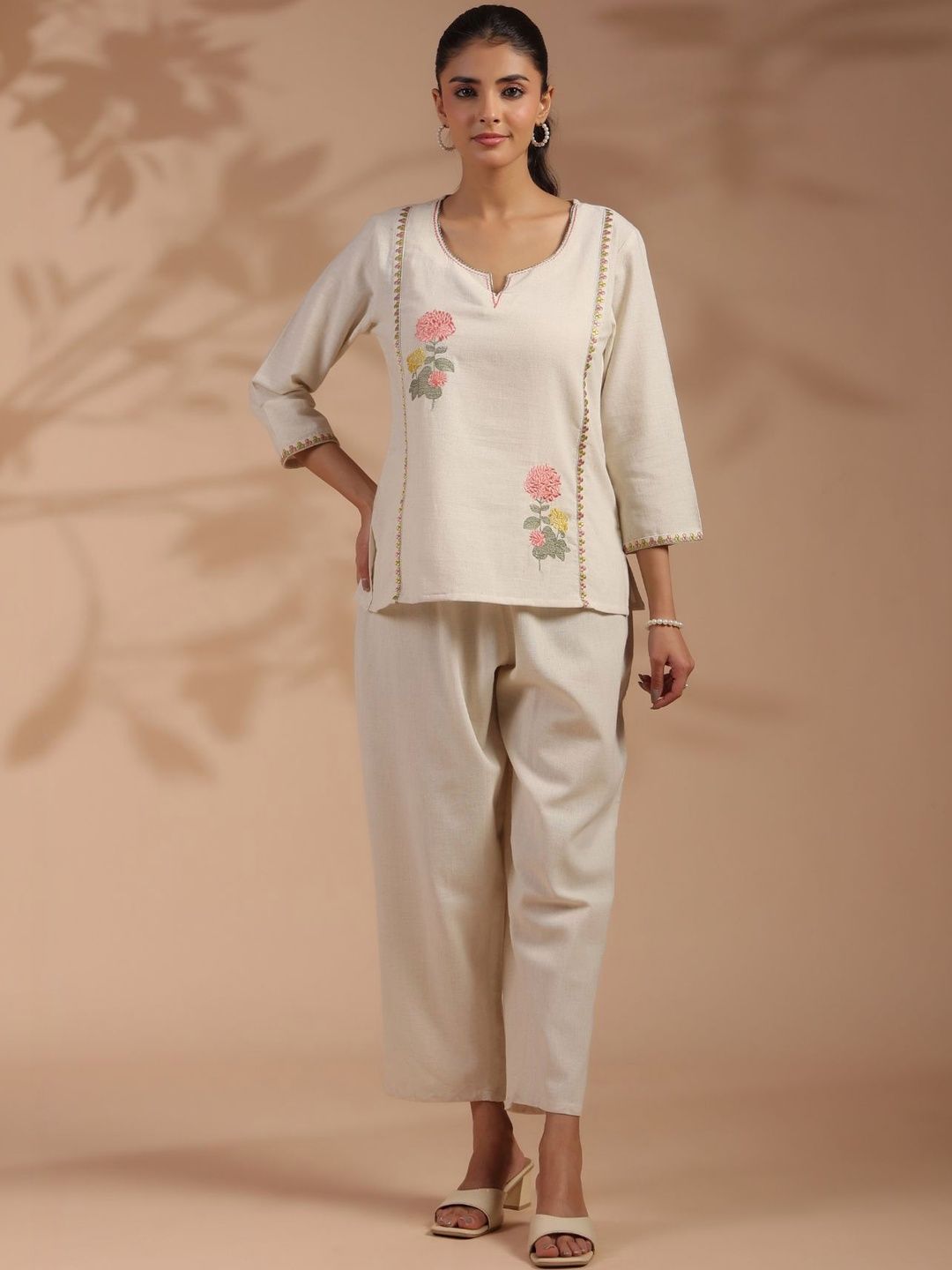 NNAVDHA Summer Checks Cotton Embroidered Tunic with Trousers