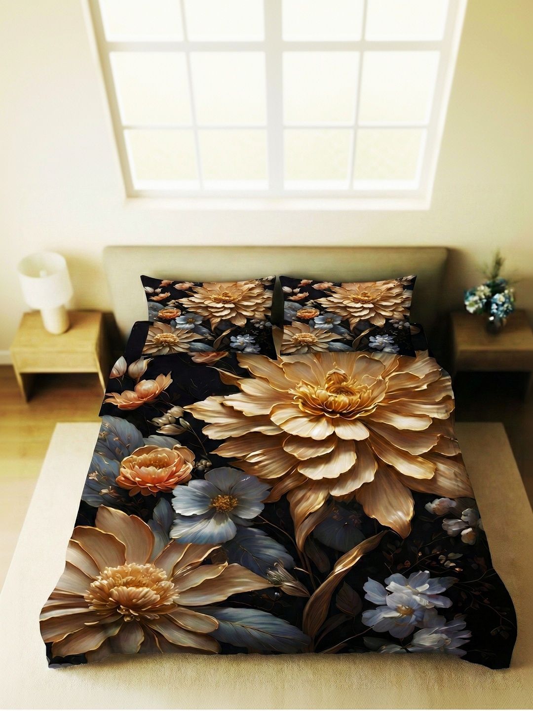 Home Sizzler Home Sizzler Black Floral 300 TC King Bedsheet with 2 Pillow Covers