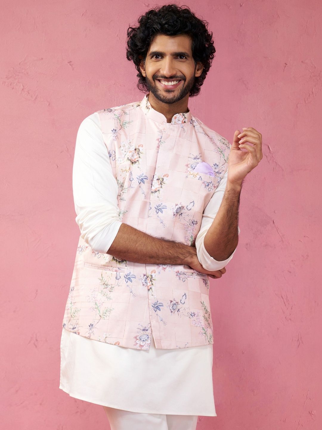 VASTRAMAY Printed Mandarian Collar Neck Woven Nehru Jacket