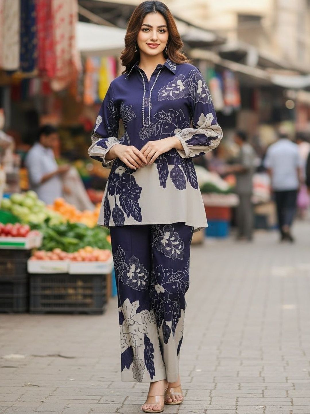 SZN Navy Blue Floral Printed Tunic with Palazzos