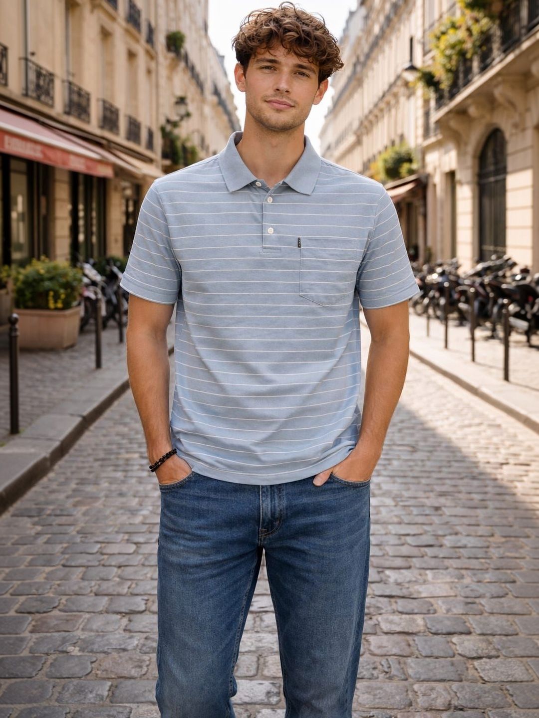 WILD ELEPHANT Men Striped Polo Collar Pockets T-shirt