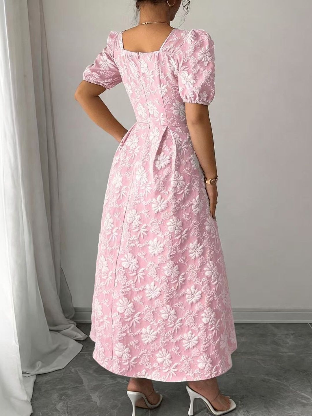 Buy Zucchini Puff Sleeve Jacquard Fit & Flare Midi Dress - Dresses
