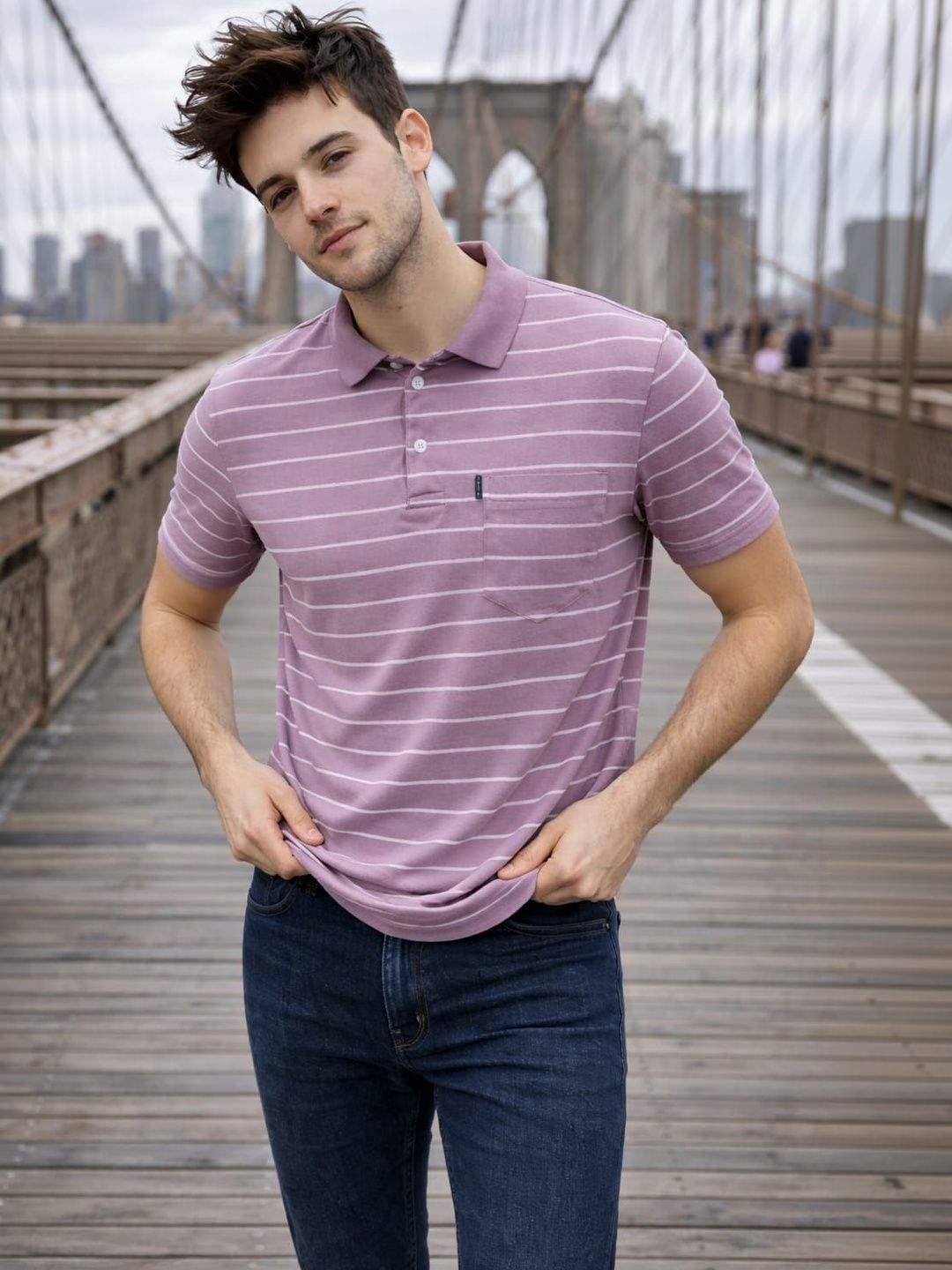 WILD ELEPHANT Men Striped Polo Collar Pockets T-shirt