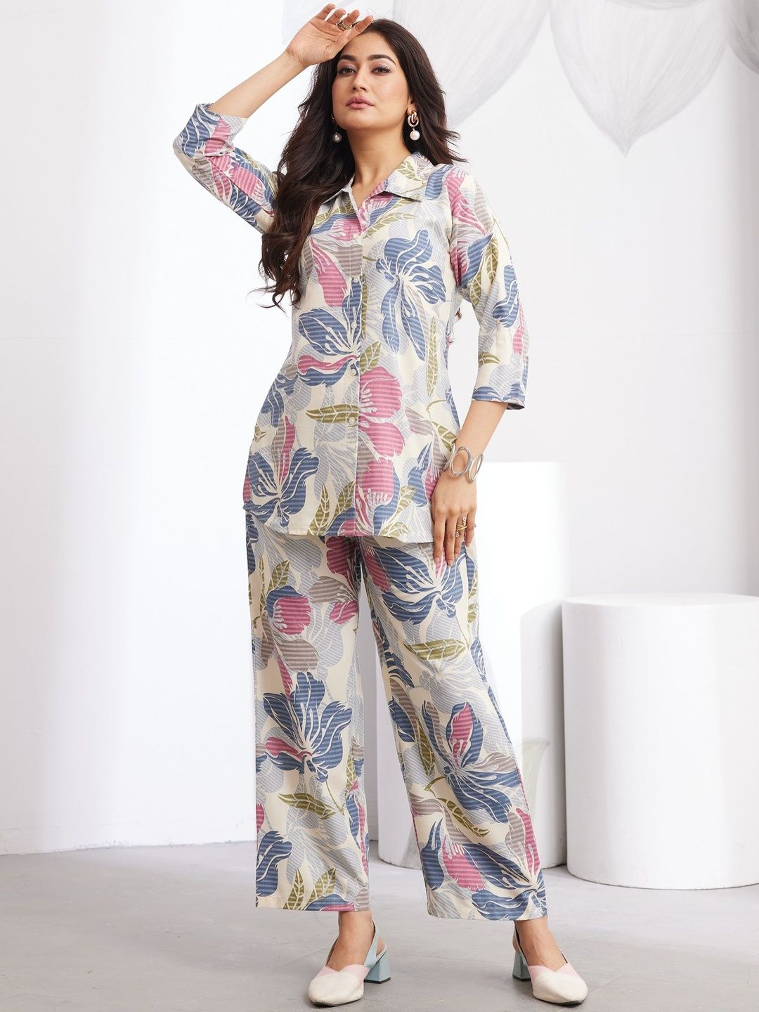 Sangria Tropical Printed Shirt with Palazzos