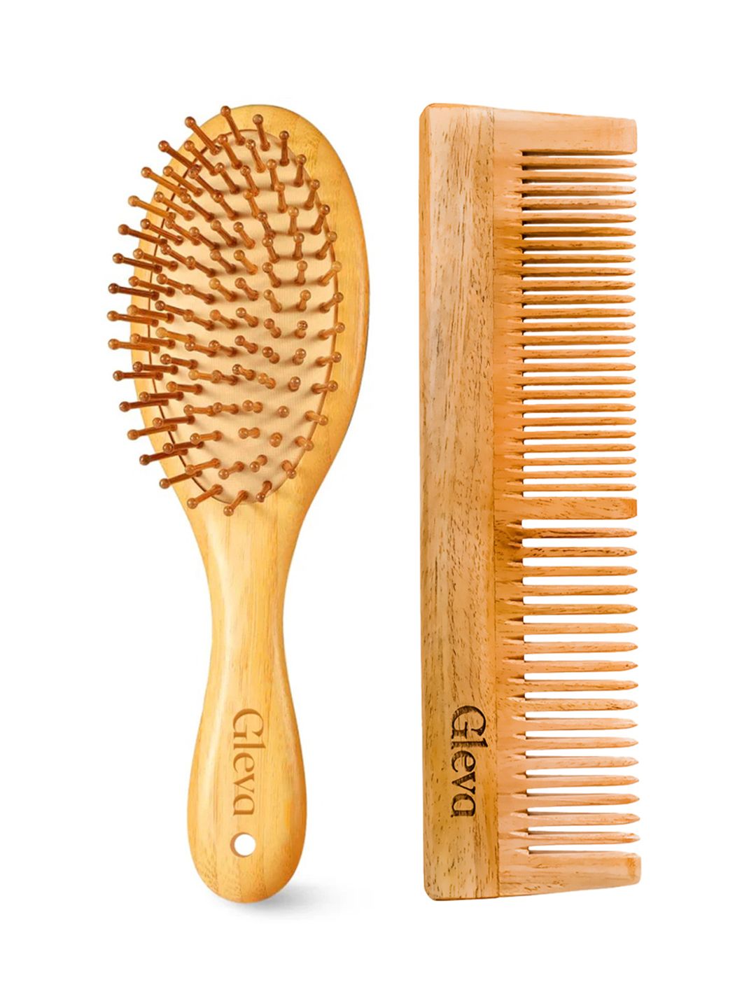 Gleva Set of 2 Neem & Bamboo Wooden Detangling Brush & Comb - Brown