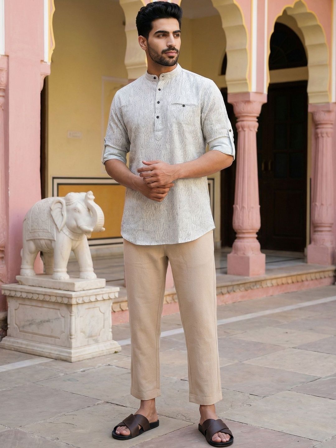 HERE&NOW Men Geometric Printed Thread Work Kurta
