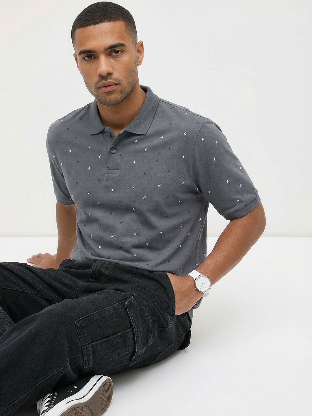 The Roadster Life Co. Nautical Print Pure Cotton Relaxed Fit Polo Collar T-shirt