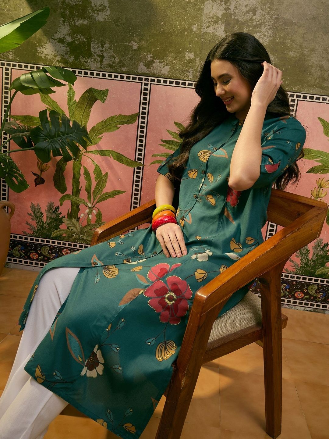 Sangria Printed Pure Cotton Mandarin Collar Calf Length A-Line Kurta