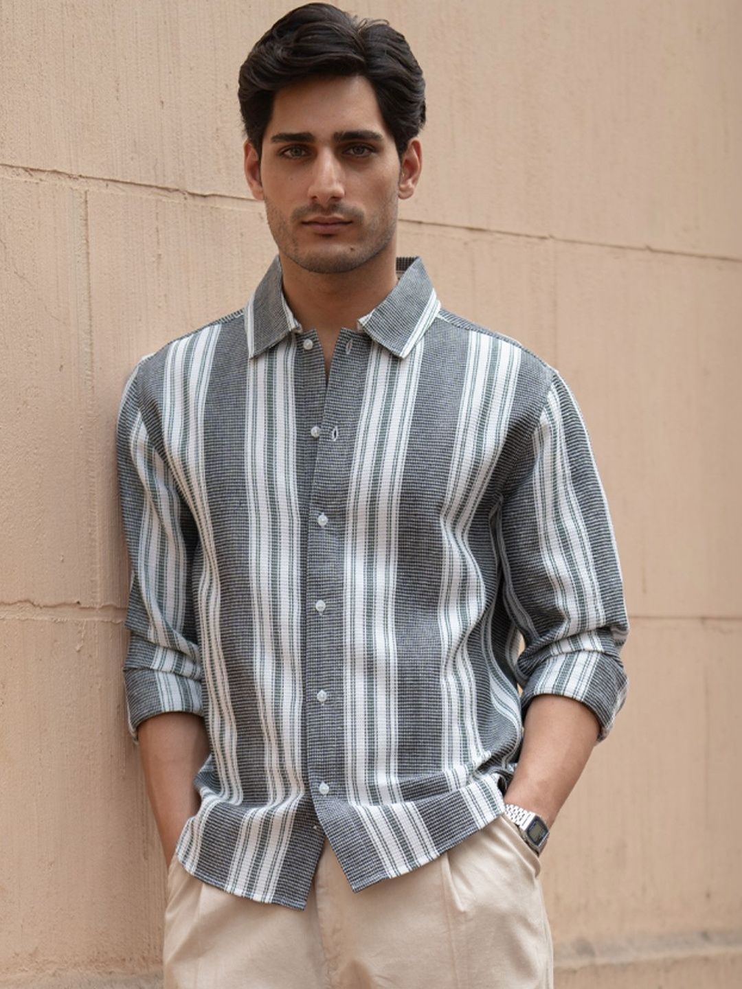 Powerlook Structured Stripes Cotton Long Sleeves Shirt