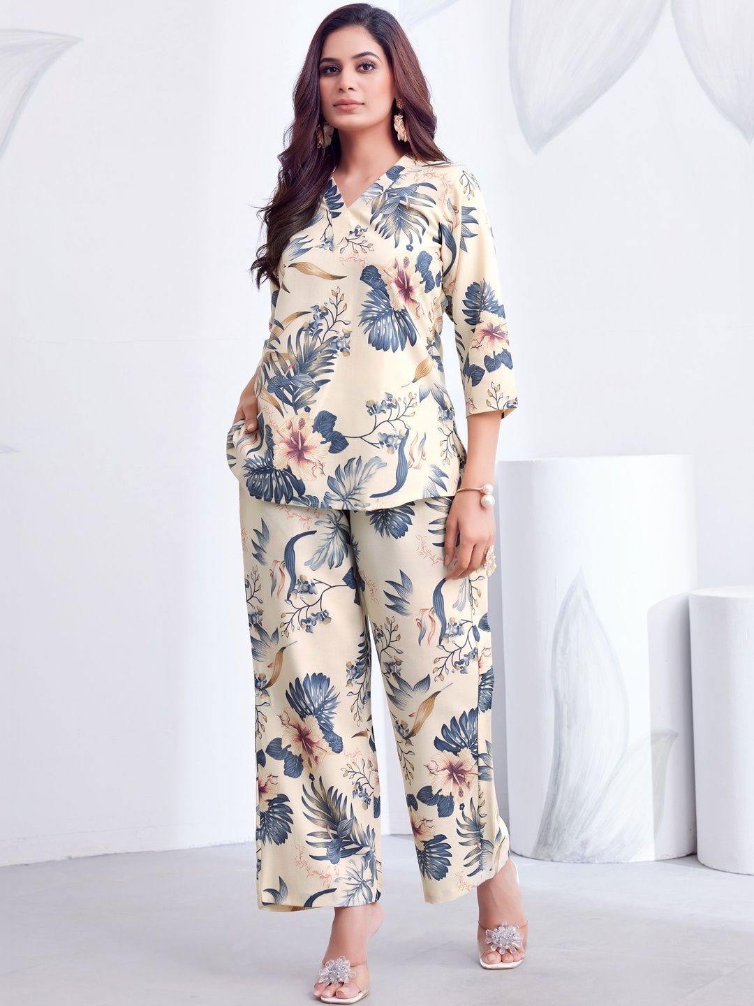 Sangria Tropical Printed Top with Trousers
