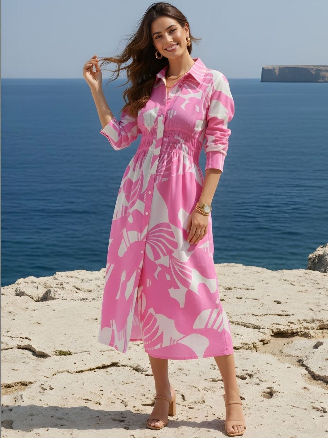 Print Shirt Midi Dress Dora Dori Print Shirt Midi Dress